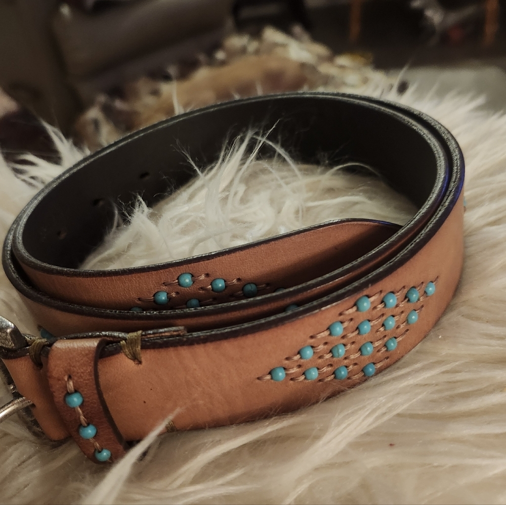 Johnny Was Turquoise leather belt Total Length 40" Made In Italy Cowgirl Western